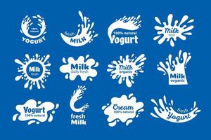 Milk splash labels. Cartoon badges with white liquid drops for dairy product branding design, stickers with cream splatter for packaging. set vector