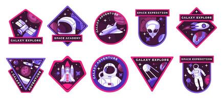 Space badge. Astronaut helmet with rocket and ufo, cartoon symbols of space exploration and travel, badge logo set vector