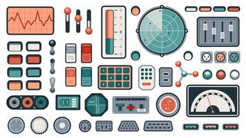 Retro dashboard UI. Futuristic spaceship control panel with dials knobs switches and indicators, vintage sci-fi game screen. illustration vector