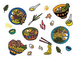 Cartoon Color Different Ramen in Bowls Set. vector