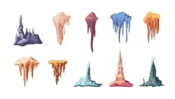Cartoon Color Different Stalactite and Stalagmite Set. vector