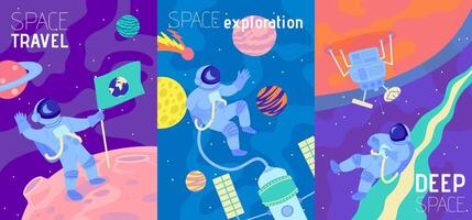 Cartoon Color Astronomy and Space Exploration Poster Card Set . vector
