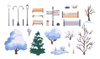 Cartoon Color Different Winter Nature Park Elements Set vector