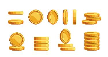 Cartoon Different Golden Coin Set Pixel Art. vector