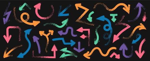 Brush drawn colored arrows. Doodle curve bend pointers, sketchy thick direction pointers, rough line arrows different shapes. isolated set vector