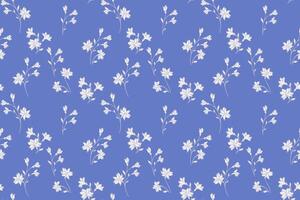 Blue minimalist pattern with tiny florals stem. Abstract artistic branches with small flowers seamless print. hand drawing. Simple nature ornament for design, fashion, surface design, fabric vector