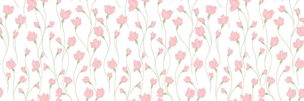 Pastel pattern with pink creative florals stems. Abstract artistic cute branches with tiny flowers small buds intertwined in a seamless background hand drawing. Simple ornament for designs vector