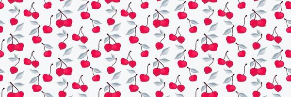 Summer light pattern with abstract artistic red cherry with leaves. Creative berries, fruits, leaf, seamless print. hand drawing painted. Design ornament for fabric, fashion, textiles vector