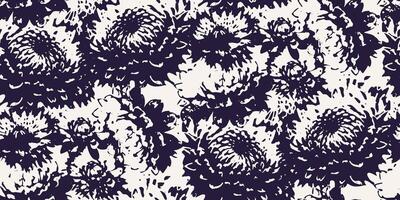 A bold floral seamless pattern featuring large, abstract chrysanthemum flowers in black and white brushstroke style. Ideal for textiles, wallpapers, packaging, and modern decor designs. vector