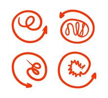 Hand drawn red round arrows set. Scribble lines, swirls arrows, scrawls. Doodle red drawing. Direction pointers. Psychology theme vector