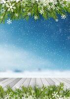 Christmas background with wooden table looking out to defocussed landscape vector