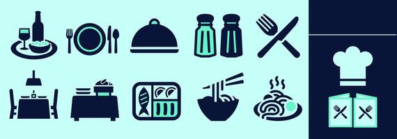 Restaurant SOLID icon set for logo, marketing, digital work. Table, plates and cutlery, bowls with food, wine glass, salt and pepper, fish, menu and others. Editable elements, size and color. vector