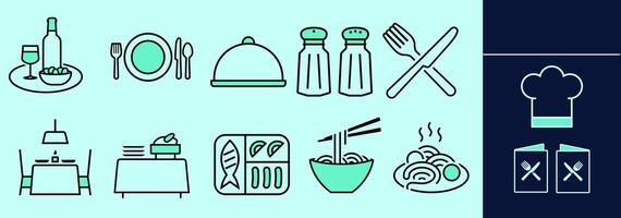 Restaurant LINE icon set for logo, marketing, digital work. Table, plates and cutlery, bowls with food, wine glass, salt and pepper, fish, menu and others. Editable elements, size and color. vector