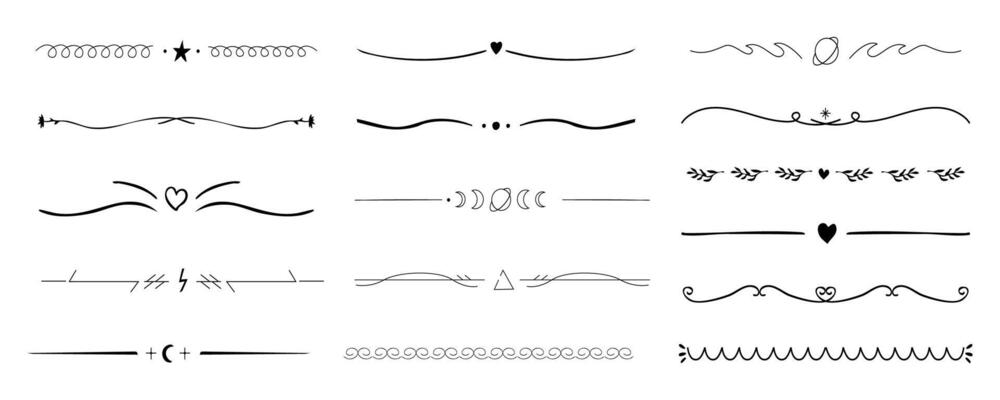 Swirl line divider, doodle decorative fancy ornament border, simple hand drawn frame. Retro curve set flourish thin decorations.
