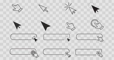 Click here line frame, interface bar with cursor arrow or hand. Ui element search, buy field, link. button for click. Push banner simple icon. vector