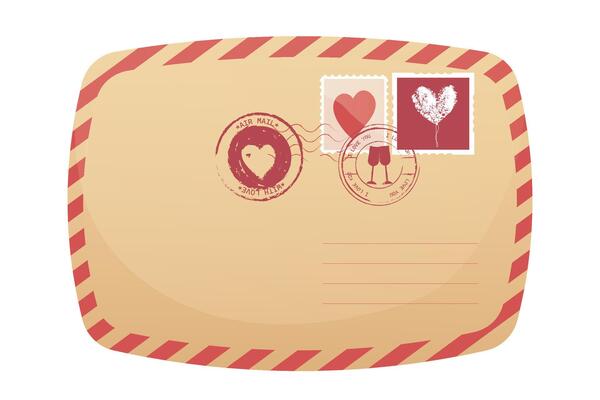Love letter air mail, retro envelope with heart stamps, marks isolated on white background. Card romantic greeting, vintage message.