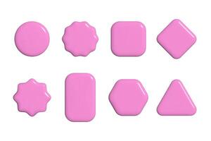 Set of realistic 3d glossy plastic geometric shape pink buttons isolated illustration. Circle, triangle, square, rectangular, octagon and hexagon empty blank design elements vector