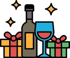 A bottle of wine and a wine glass are on a table with a bunch of presents vector