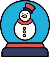 A cartoon snowman is standing in front of a blue and red glass globe vector