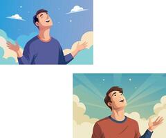 Men looking up at sky with hope and gratitude, feeling freedom and joy vector