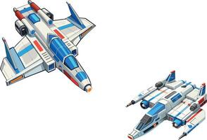 Two futuristic spaceships flying in formation, exploring the galaxy vector