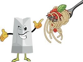 Chef hat character showing spaghetti with tomato sauce and basil leaf on fork vector