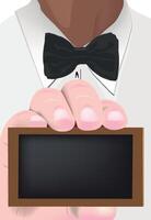 A waiter holding a blackboard with a bow tie vector