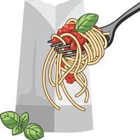 Spaghetti with tomato sauce and basil on a fork vector