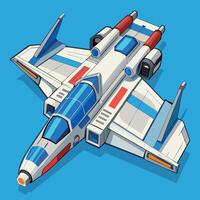 Modern spaceship flying in the blue sky, exploring the universe vector