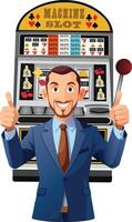 A man in a suit holding up two thumbs up in front of a slot machine vector