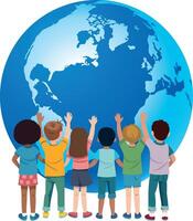 Children raising hands in front of planet earth globe, promoting global unity and environmental awareness vector