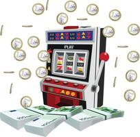 A slot machine and money are shown in front of a white background vector