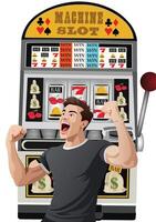 A man is holding up his fist in front of a slot machine vector