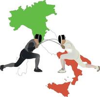 Two fencers playing on italian flag background representing north versus south rivalry vector