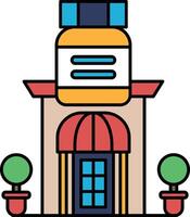 Illustration of a building and a bottle of medicine in line drawing style vector