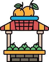 A fruit stand with a basket of fruit on top vector