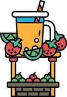 A colorful drink with a straw in it is on top of a table with fruit vector
