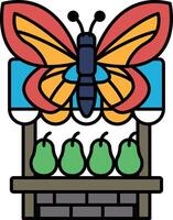 A butterfly is on top of a fruit stand with four pears vector