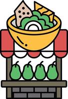 A cartoon drawing of a fruit stand with a bowl of food on top of it vector