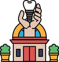 A hand holding a tooth implant in front of a building vector