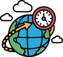 A cartoon drawing of a globe with a clock on it vector