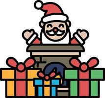 A cartoonish image of Santa Claus sitting in front of a fireplace with a pile of presents vector