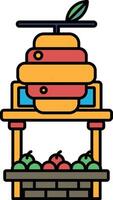 A cartoon drawing of a fruit stand with a large orange and red fruit on top vector