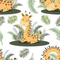 Giraffe seamless pattern with leaves and flowers vector
