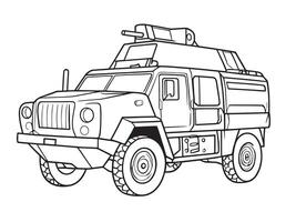 Army Trucks and Military Vehicles Coloring Sheet Bold Black Outline Illustrations on White Canvas vector