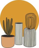 Modern Minimalist Botanical Illustration with Abstract Shapes and Potted Plants in Earth Tones vector