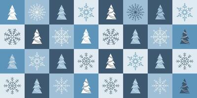 Winter seamless pattern with Christmas trees and snowflakes in blue tones. Christmas geometric background. Minimalist style, holiday design template vector