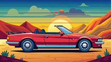 a red convertible car in the desert with mountains in the background vector