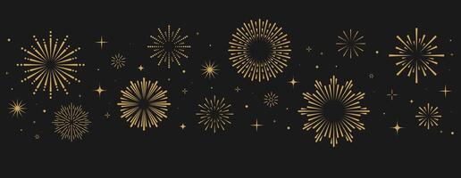 Festive outline fireworks on black background. Design for holiday and celebration background. Bursting rays sunrise firework starburst blast. Geometric Design Elements. vector