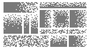 Pixel disintegration background. Decay effect. Dispersed dotted pattern. Pixelated shape vector